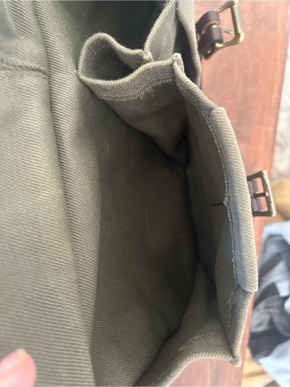 Filson Olive Green Canvas Backpack with Brown Leather Trim